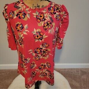 Sharagano pink floral top with puffy sleeves